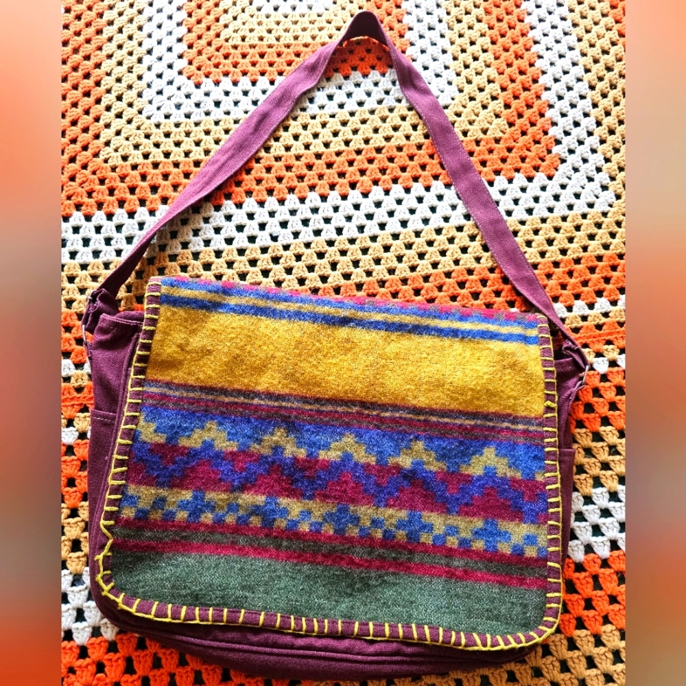 Indian Messenger Shoulder Bag With Woven Patterned Front Panel Cotton Wool